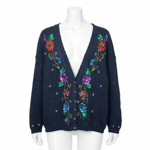 Exclusive Imports Vintage Beaded Floral Cardigan Boho Black Size M Sequin Art